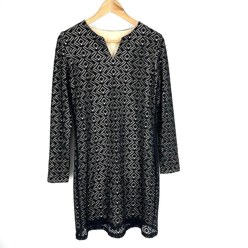 Coolibar Dress Size XS Black Beige Crochet Lace Sheath V Neck Long Sleeve UPF 50